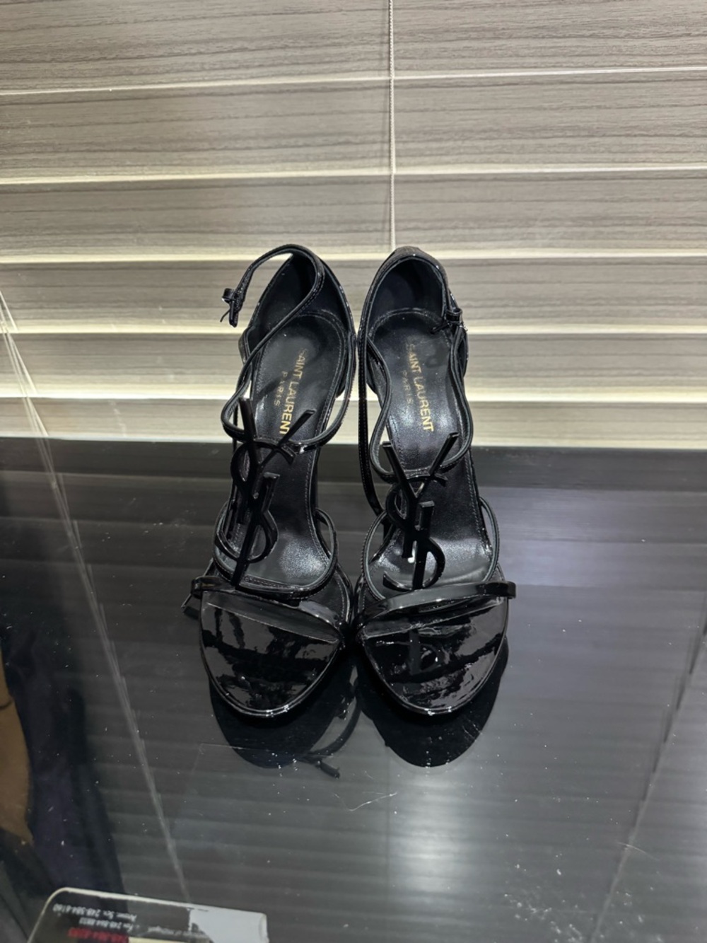 Saint Laurent Black Patent Leather Logo T-Strap Sandals